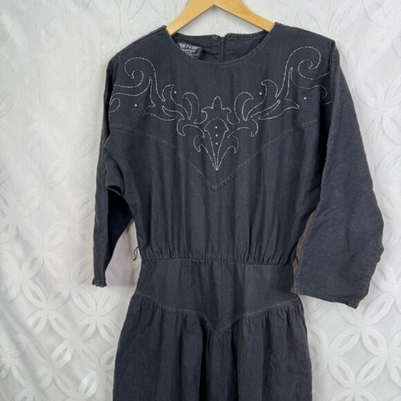 PG‎ Collections Western Style Black Denim Dress with White Embroidery Size 10 - Picture 12 of 14